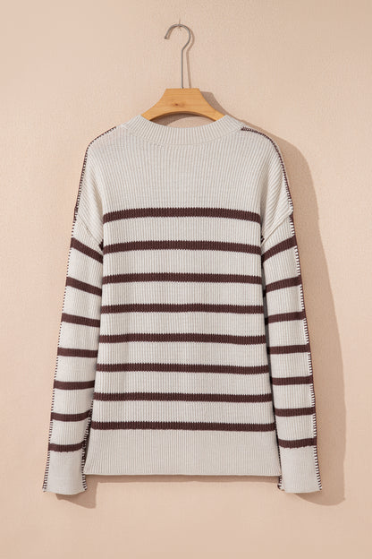 Stripe Ribbed Slouchy Drop Shoulder Henley Sweater