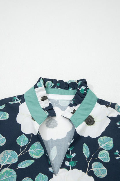 Floral Stripe Patchwork V-Neck Short Sleeve Blouse