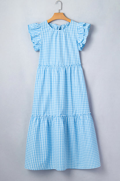 Gingham Knot Back Ruffle Short Sleeve Maxi Dress
