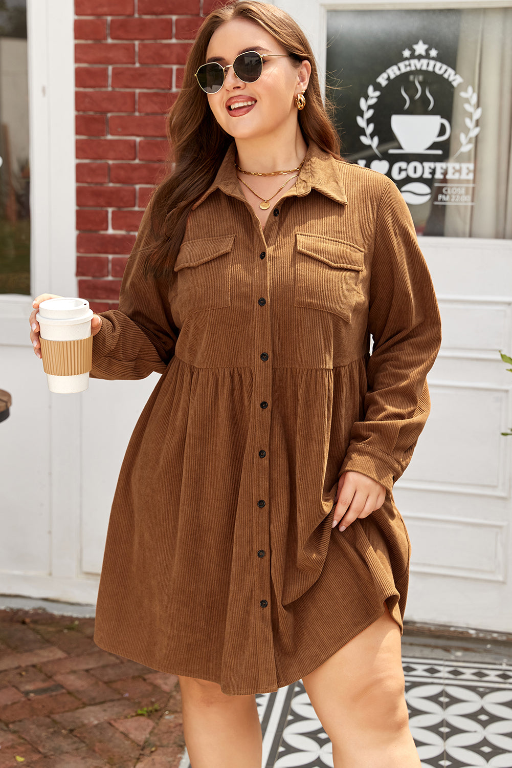 Plus Size Corduroy Button-Up Collared Shirt Dress
