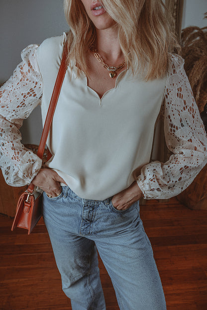 Lace Lantern Sleeve V-Neck Blouse