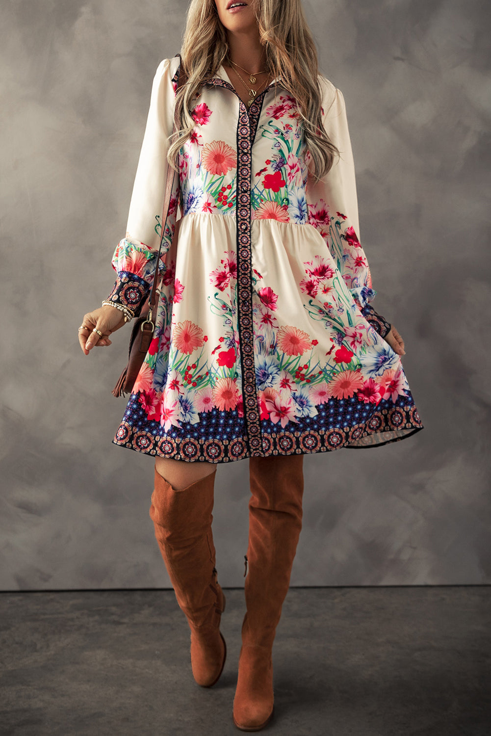 Floral Buttoned Mini Shirt Dress