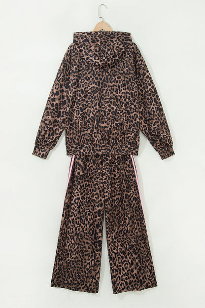 Leopard Contrast Stripe Hoodie & Drawstring Pants Set