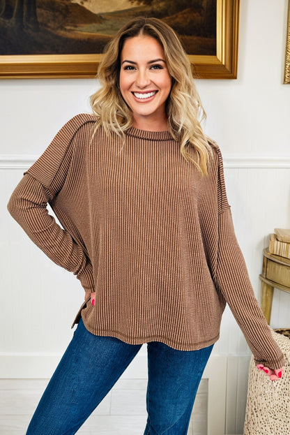 Solid Corded Knit Long Sleeve Top