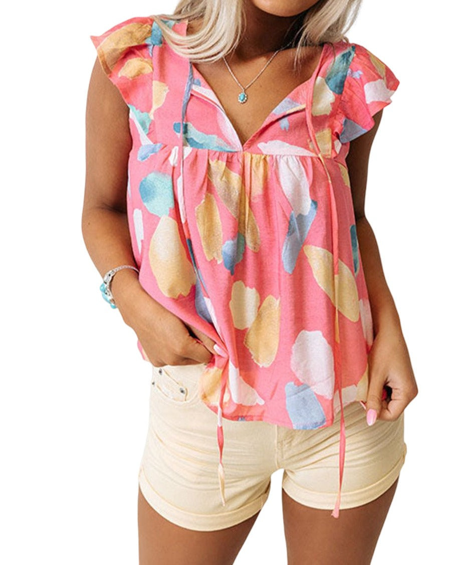 Abstract Ruffle Cap Sleeve Top