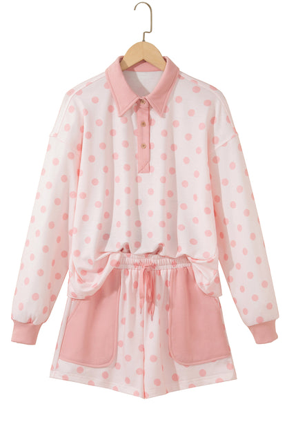 Polka Dot Polo Pullover & Elastic Waist Shorts Set