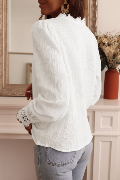 Lace Trim Deep V-Neck Blouse