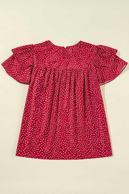 Dotted Ruffle Sleeve Ruched Blouse