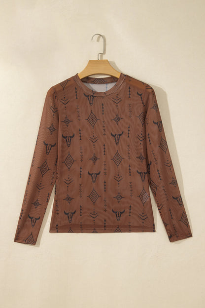 Western Semi Sheer Mesh Long Sleeve Top