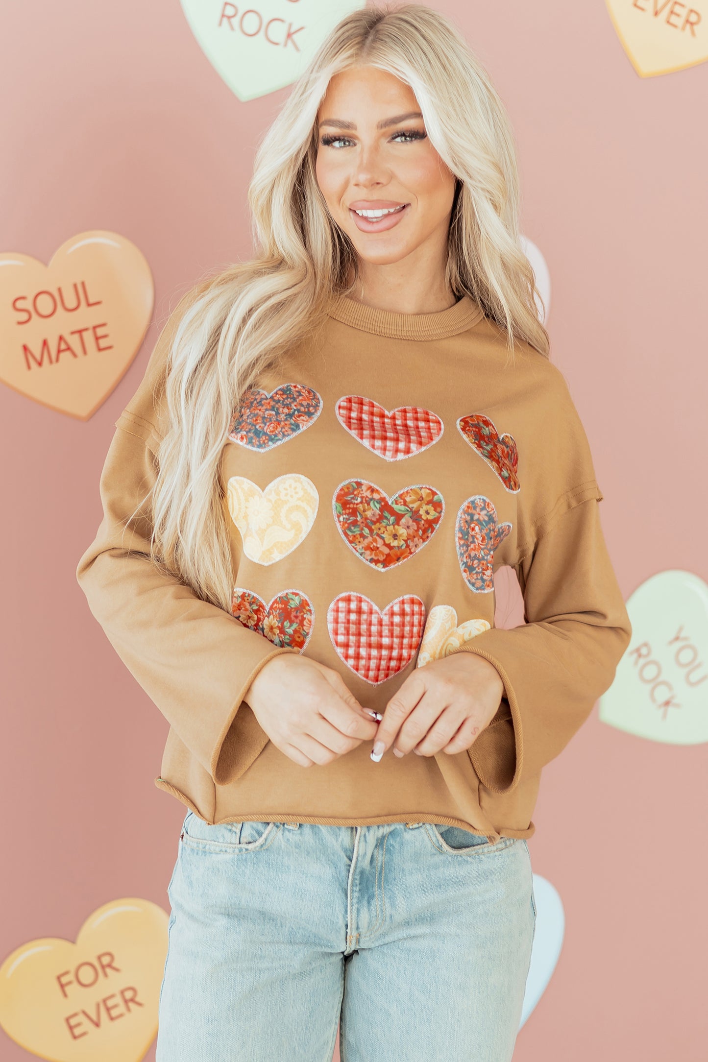 Valentine Heart Patchwork Reverse Seam Sweatshirt