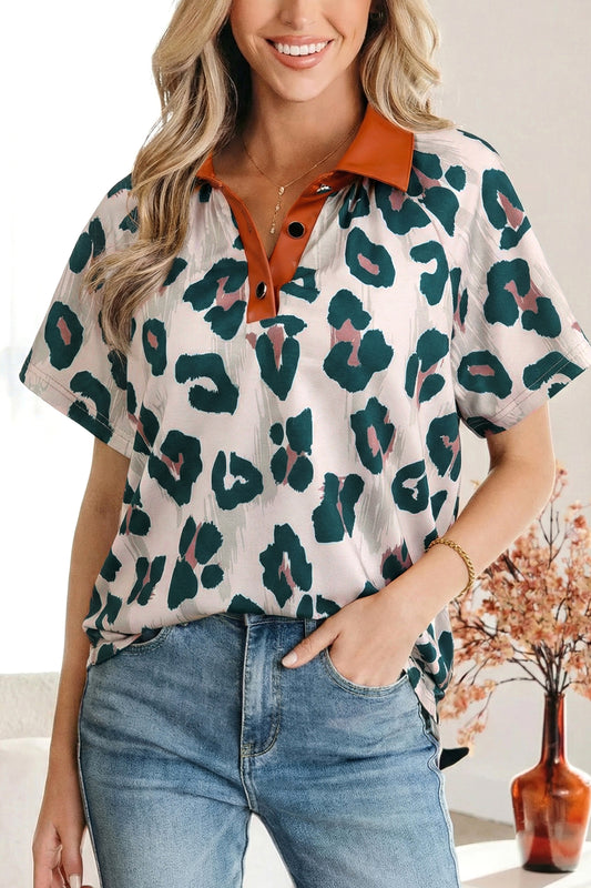 Leopard Buttoned Contrast Collar Short Sleeve Blouse
