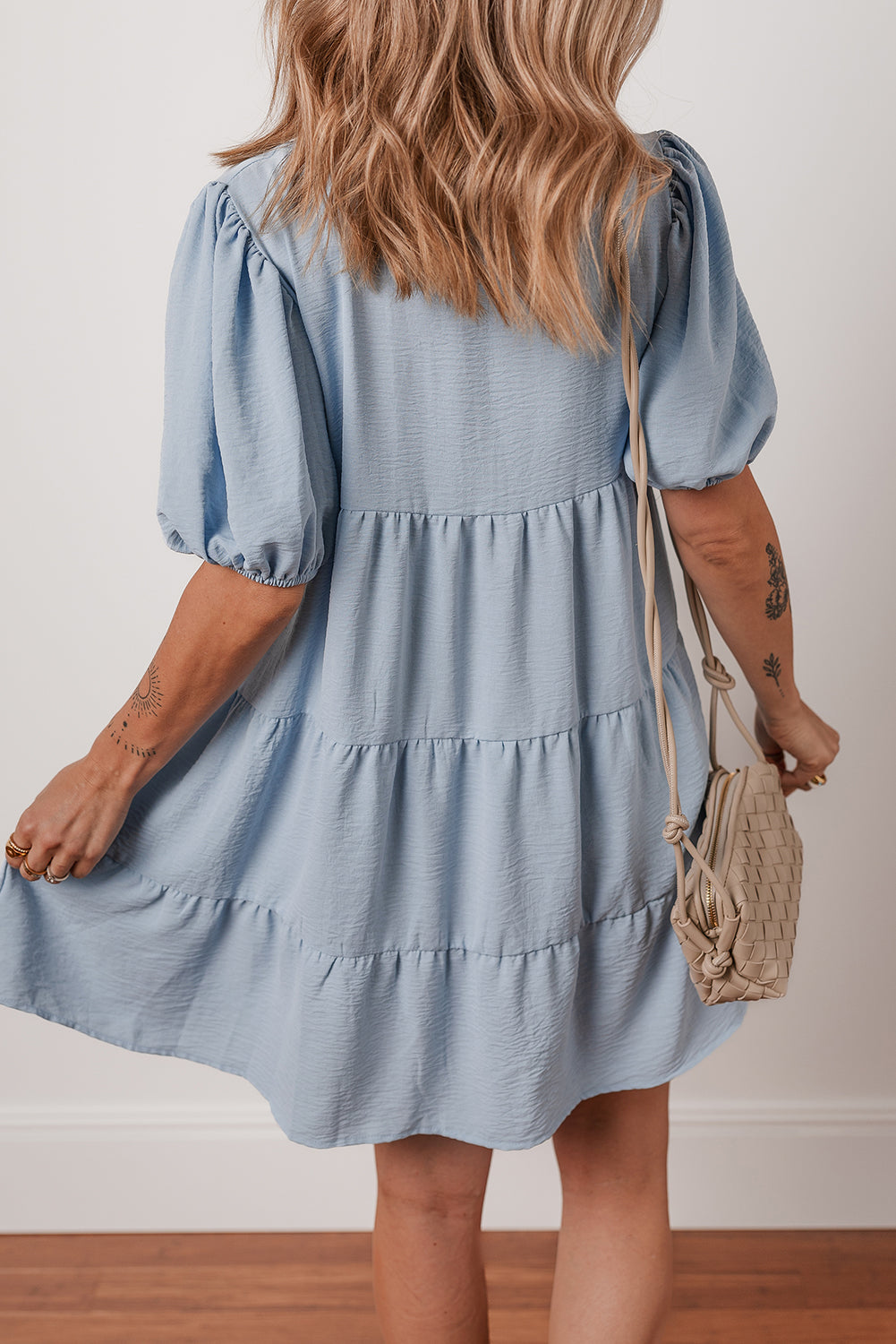 Solid Button-Up Collared Tiered Dress
