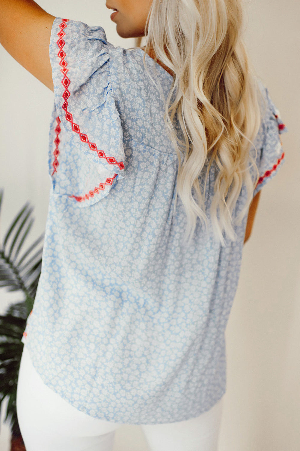 Floral Embroidered Flutter Sleeve Blouse