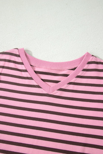 Stripe Ribbed Trim V-Neck Puff Sleeve Top
