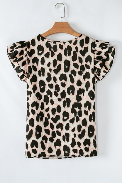 Leopard Ruffle Short Sleeve Blouse