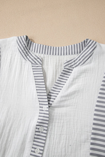 Stripe Gauze Patchwork Half Buttoned Babydoll Blouse