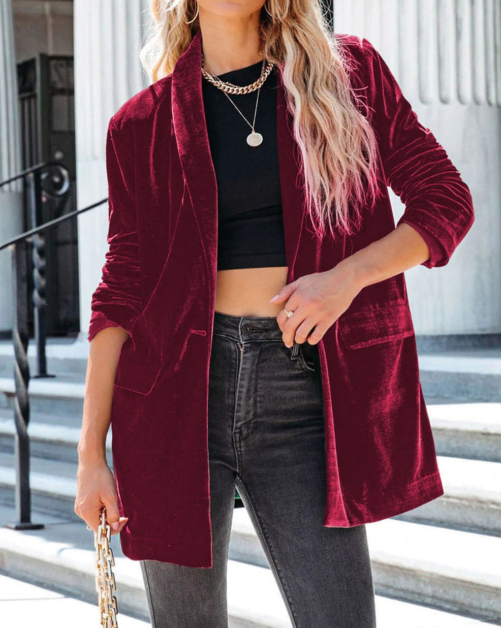 Velvet Collar Pocketed Blazer