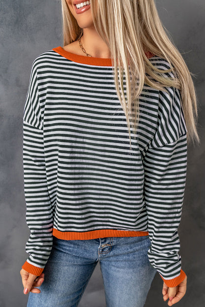 Stripe Contrast Drop Shoulder Sweater