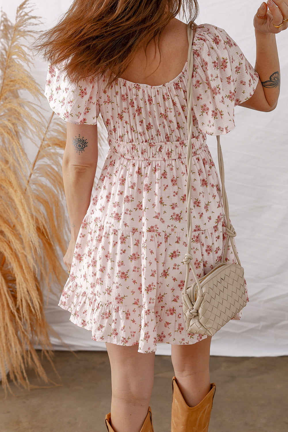 Floral Front Tie Shirred Waist Ruffle Mini Dress