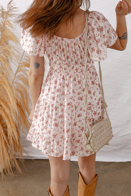 Floral Front Tie Shirred Waist Ruffle Mini Dress