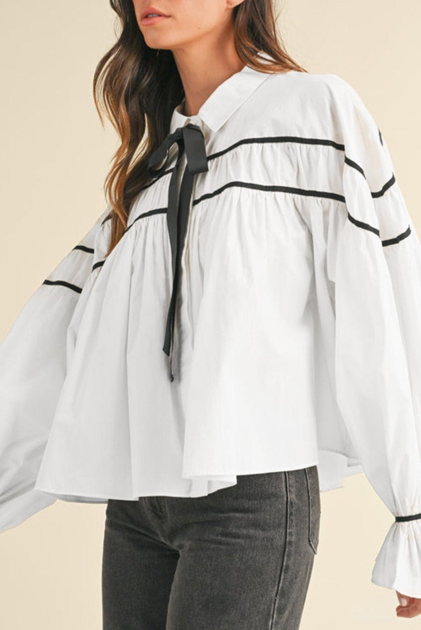 Stripe Ribbon Bow Puff Sleeve Shirt