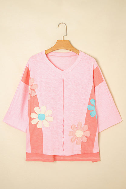 Flower Patch Exposed Seam 3/4 Sleeve T-Shirt