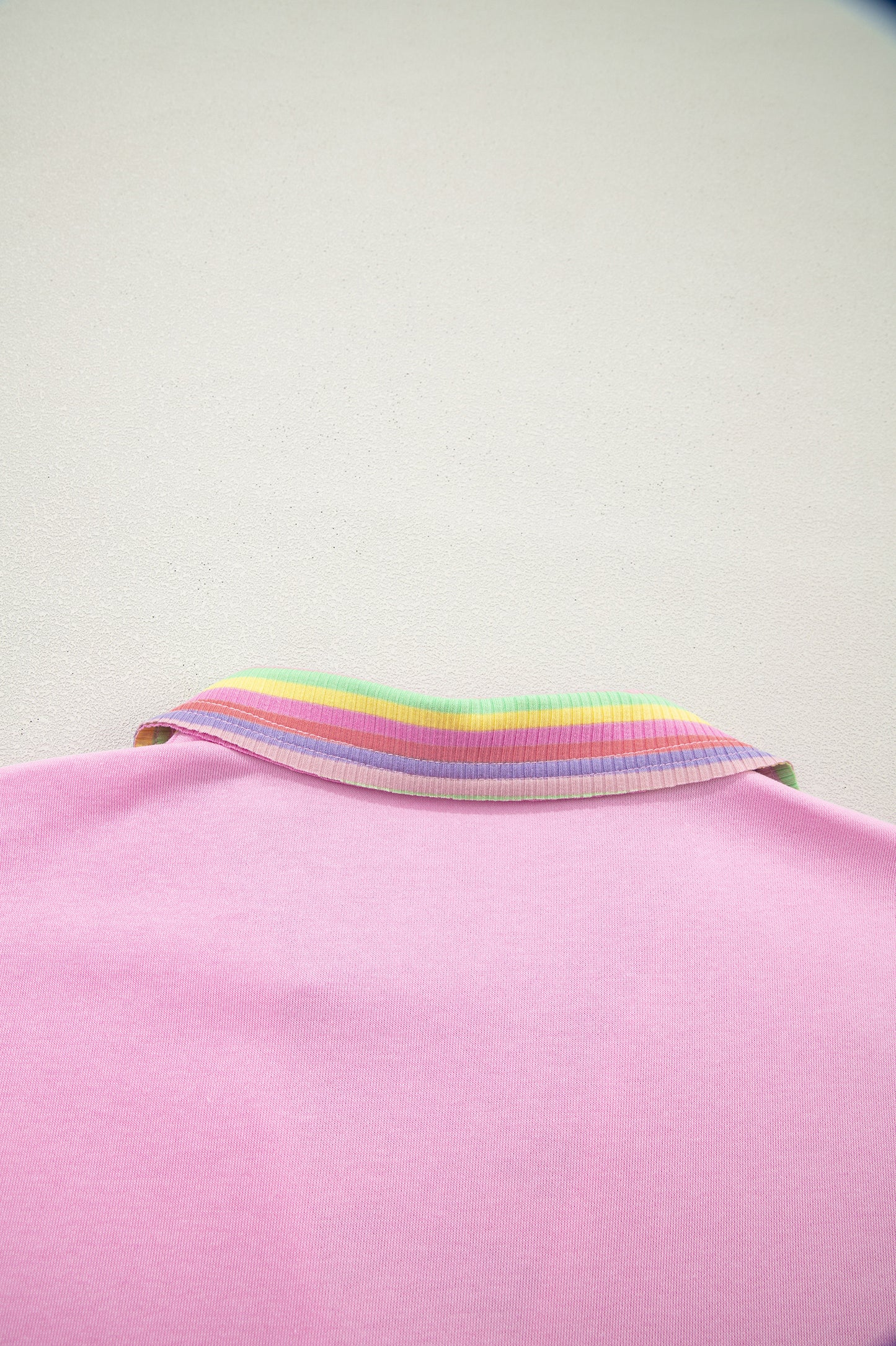 Rainbow Stripe Ribbed Patchwork Oversize Polo Tee