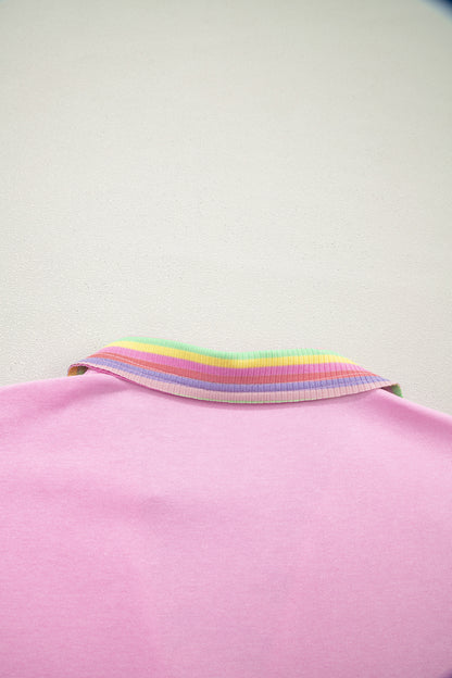 Rainbow Stripe Ribbed Patchwork Oversize Polo Tee