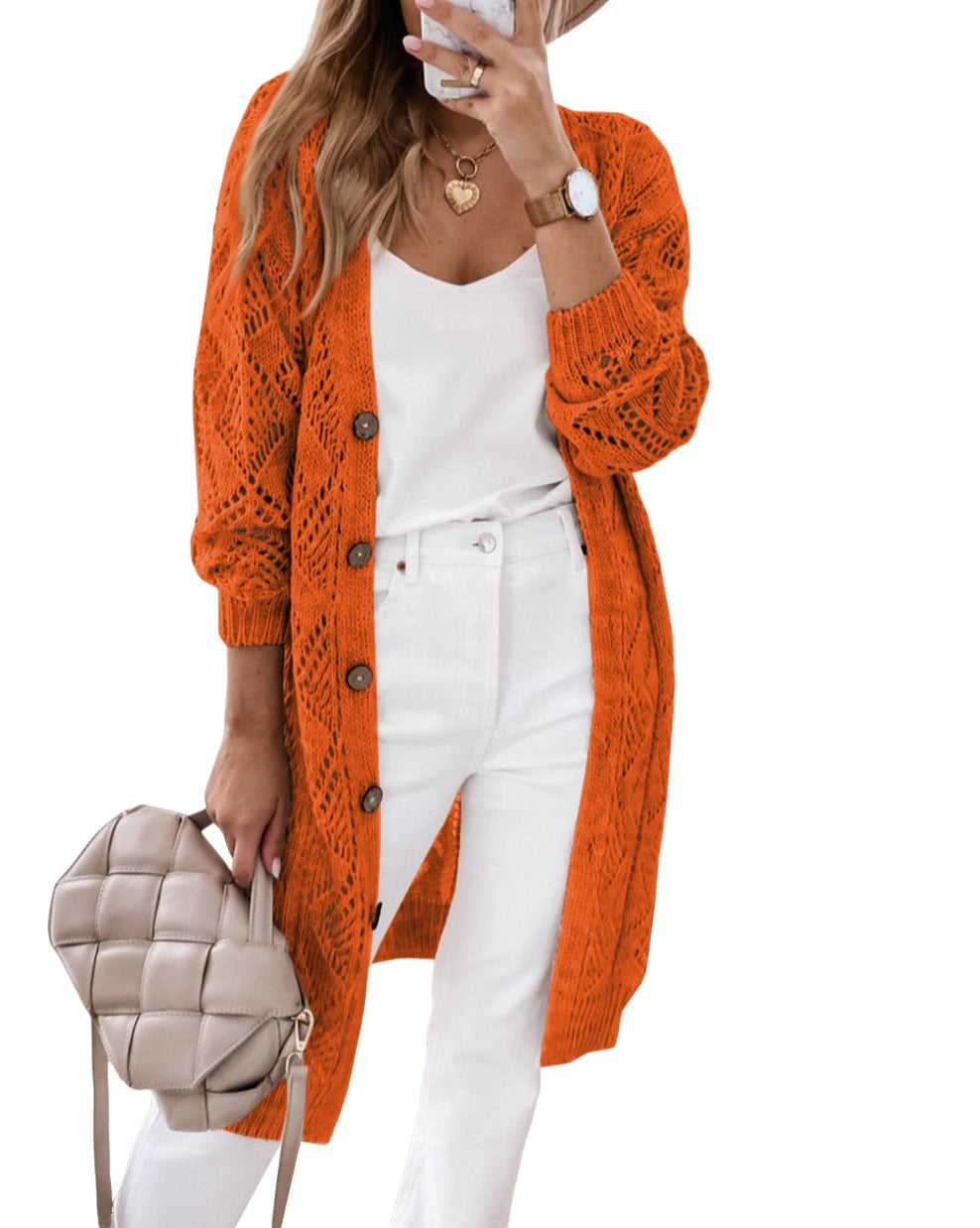 Pointelle Hollowed Button Front Cardigan