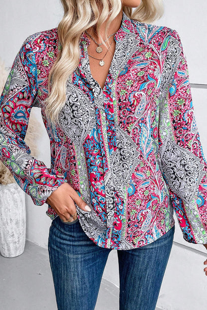 Paisley Notched V-Neck Blouse