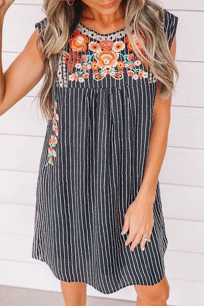 Stripe Embroidered Sleeveless Mini Dress