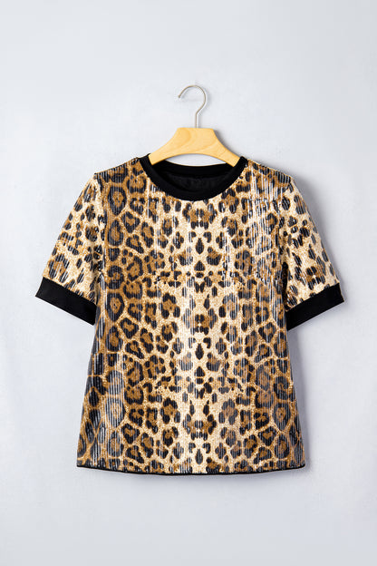 Leopard Sequin Short Sleeve Top