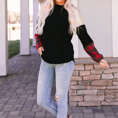 Sequin Plaid Patchwork Crewneck Blouse