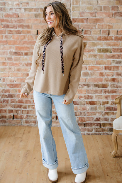 Ribbed Knit Leopard & Lace Drawstring Hoodie