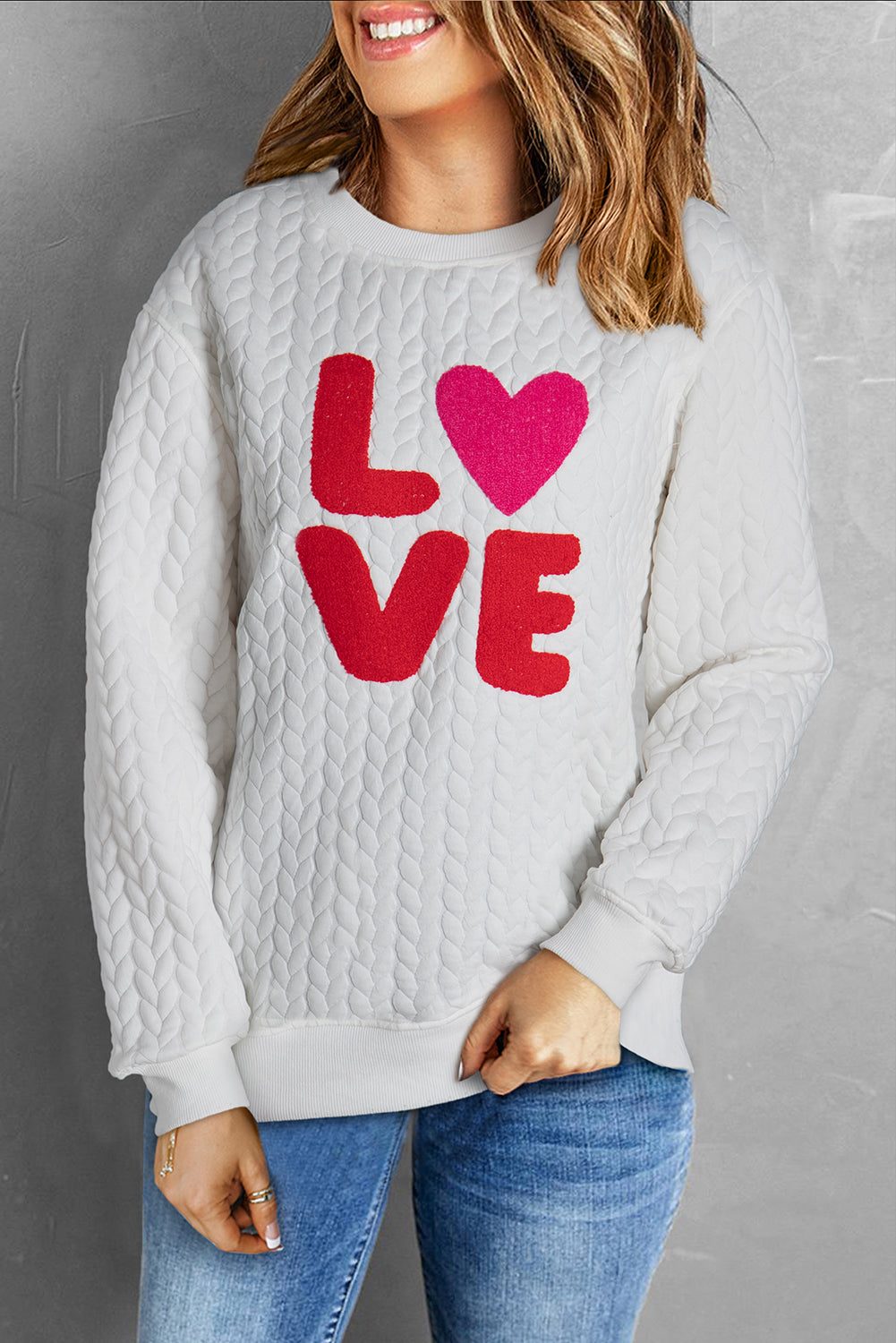Embroidered Patch Cable Knit Pullover Sweatshirt