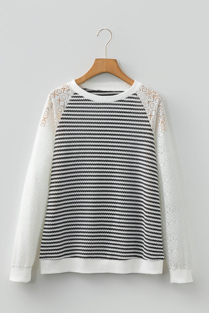 Stripe Textured Knit Lace Patchwork Long Sleeve Top