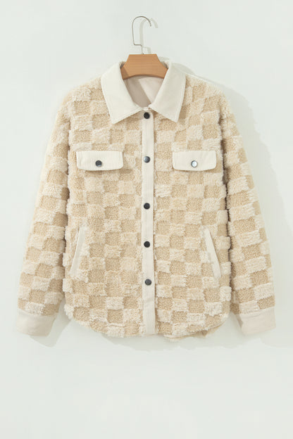 Checker Plush Fleece Corduroy Trim Buttoned Shacket