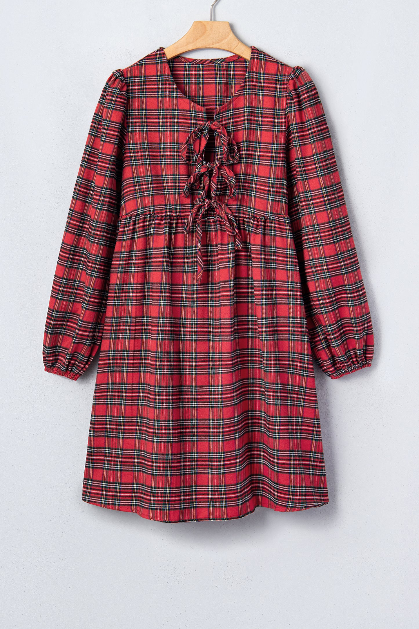 Plaid Bow Tie Front Puff Long Sleeve Dress