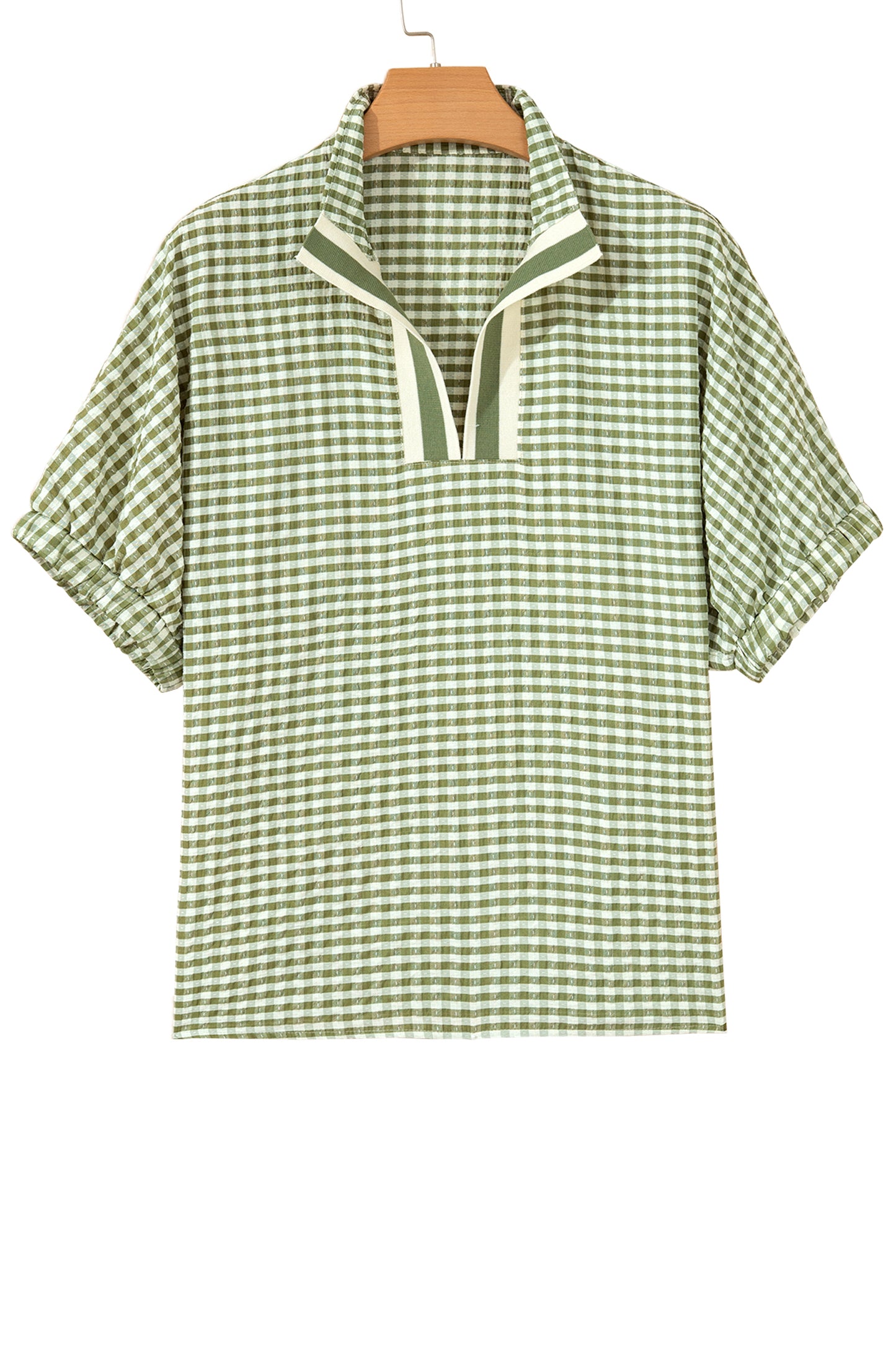 Gingham Plaid Colorblock Trim Split Neck Blouse