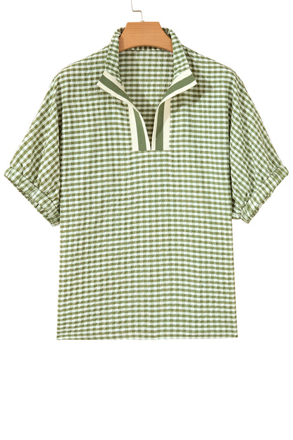 Gingham Plaid Colorblock Trim Split Neck Blouse