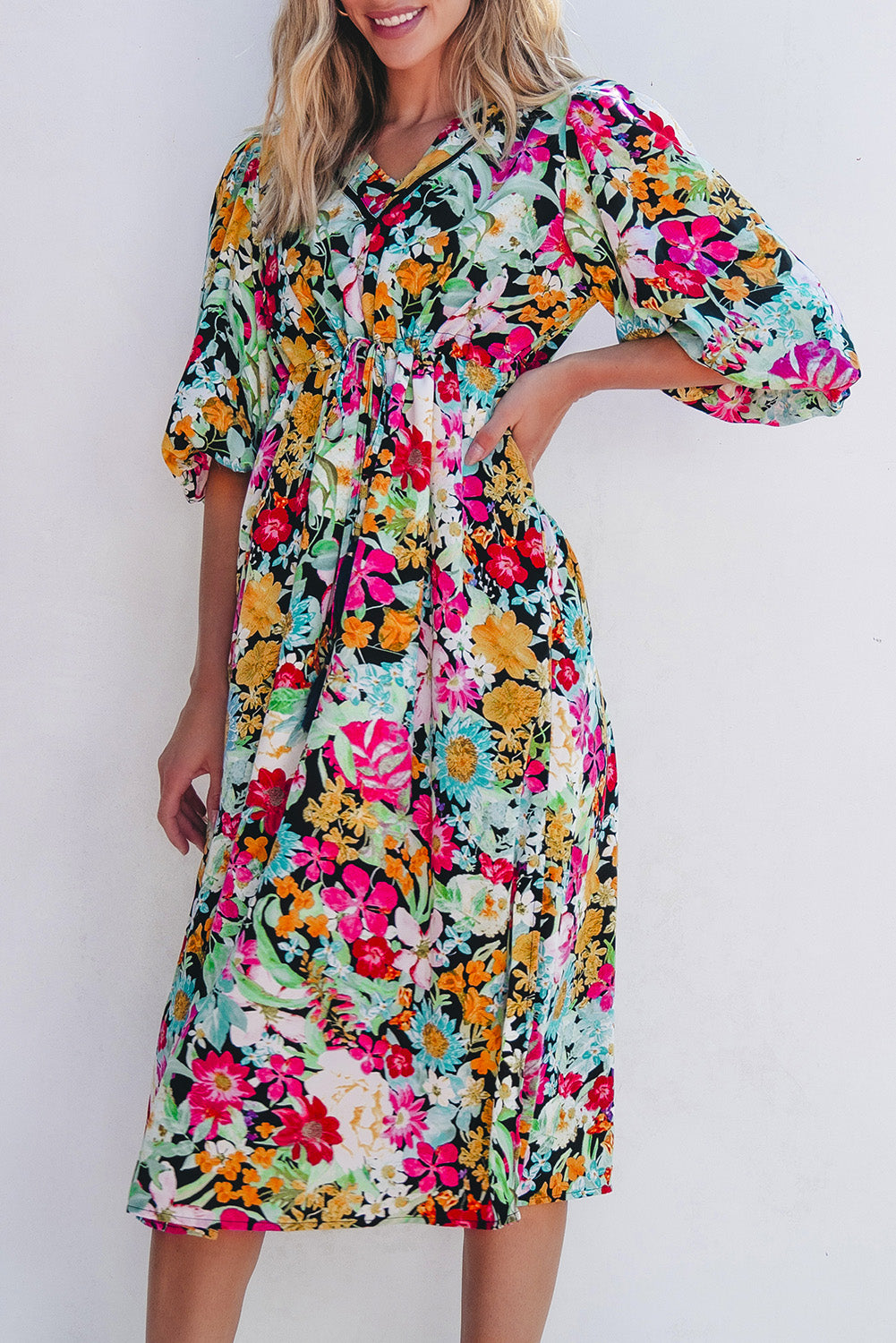 Floral 3/4 Puff Sleeve Midi Dress