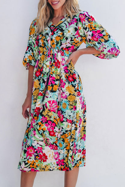 Floral 3/4 Puff Sleeve Midi Dress