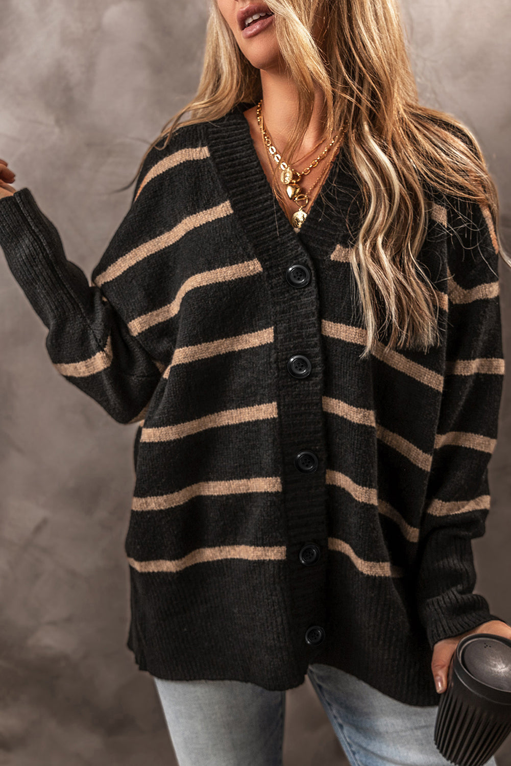 Stripe Buttoned V-Neck Cardigan