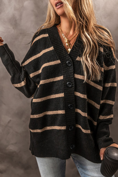 Stripe Buttoned V-Neck Cardigan