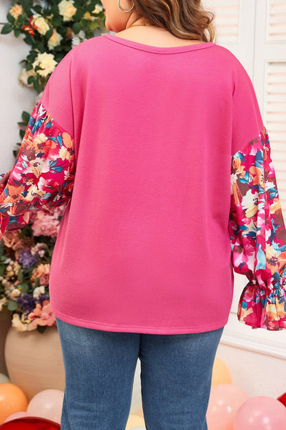 Floral Patchwork Flounce Sleeve Plus Top