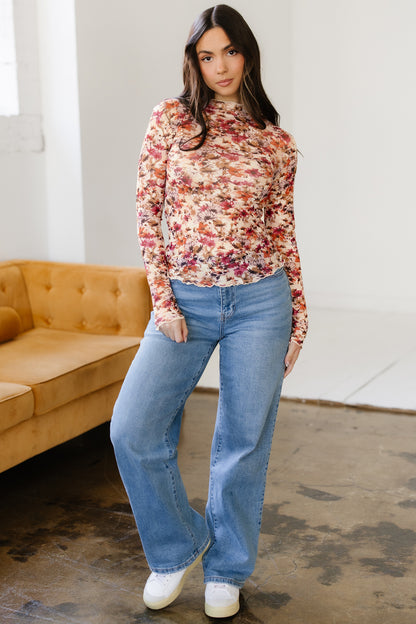 Floral Mesh Lettuce Trim Long Sleeve Top