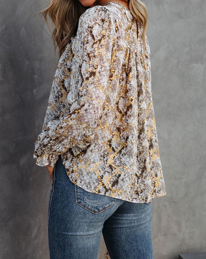 Metallic Snakeskin Bishop Sleeve Blouse