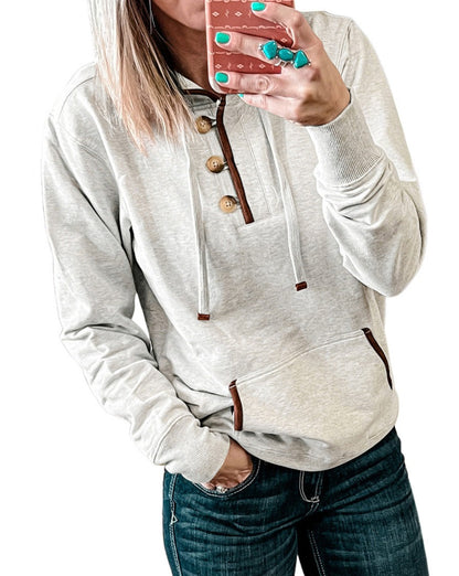 Contrast Trim Buttoned Hoodie w/Pocket