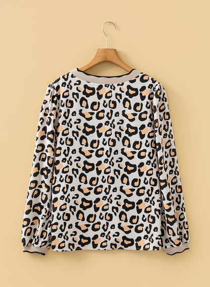 Leopard Contrast Scallop V-Neck Long Sleeve Blouse
