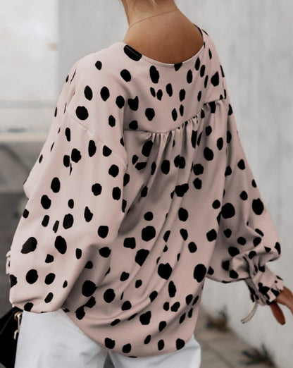 Dotted Puff Sleeve Buttoned Blouse